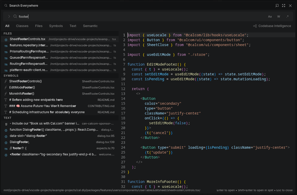 Advanced search panel in Hyperlane showing full project indexing