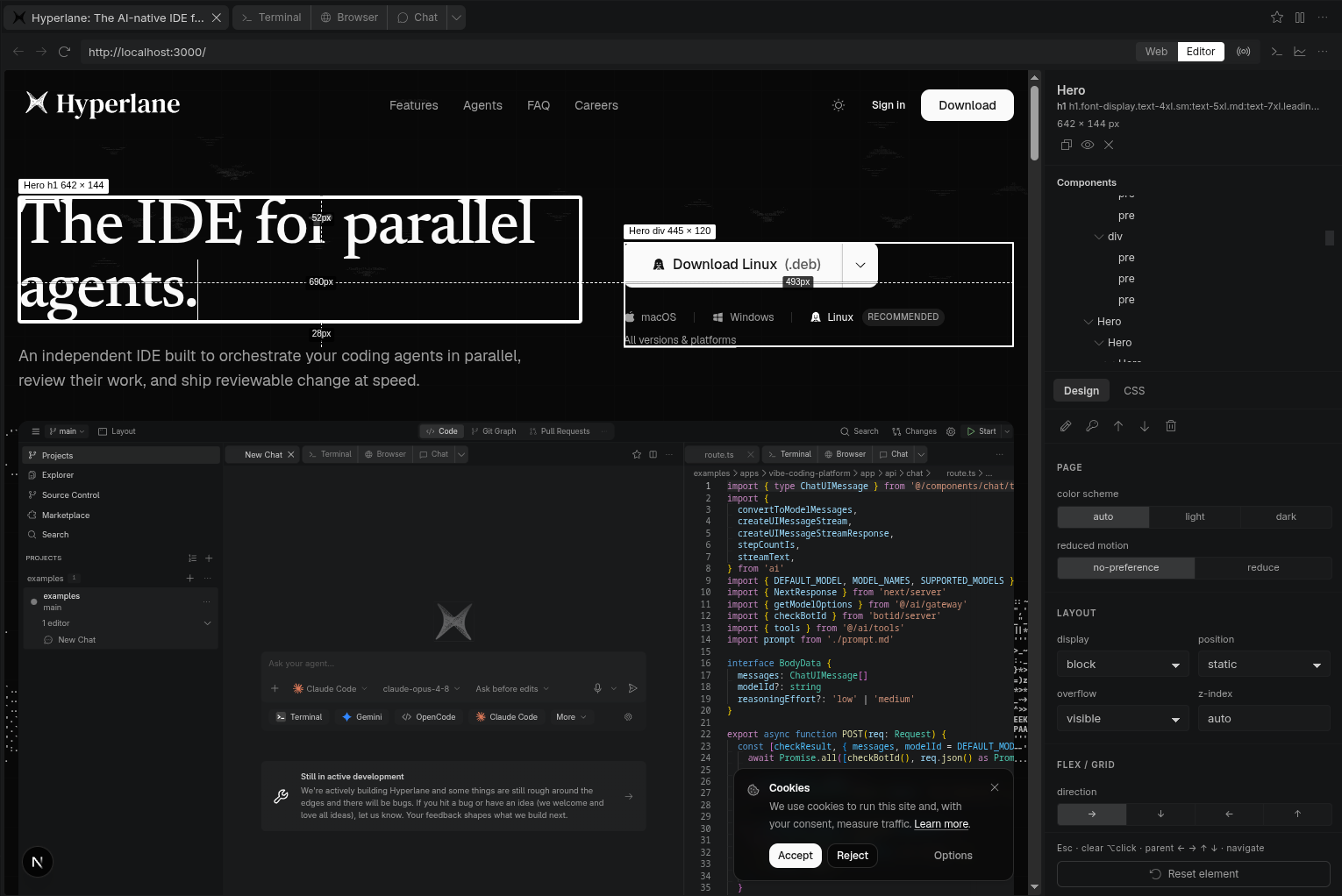 Design mode open on a live page, showing the component tree, box-model measurements, and design controls alongside an AI chat for change requests.