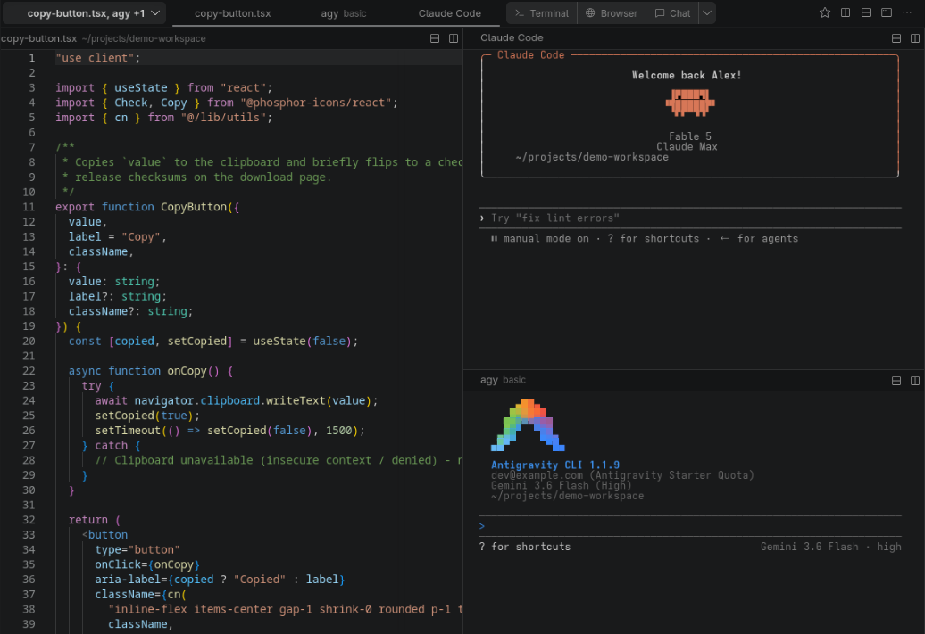 A tab group in Hyperlane tiling a code editor beside two agent terminals on one screen